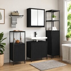 Bathroom Vanity Unit 3 Piece Set Black Oak Storage Cabinet Mirror Furniture