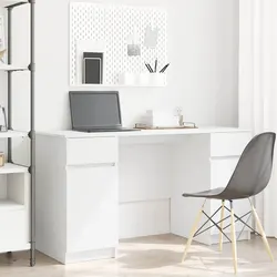 White Engineered Wood Desk with Drawer Storage Modern Home Office Workspace