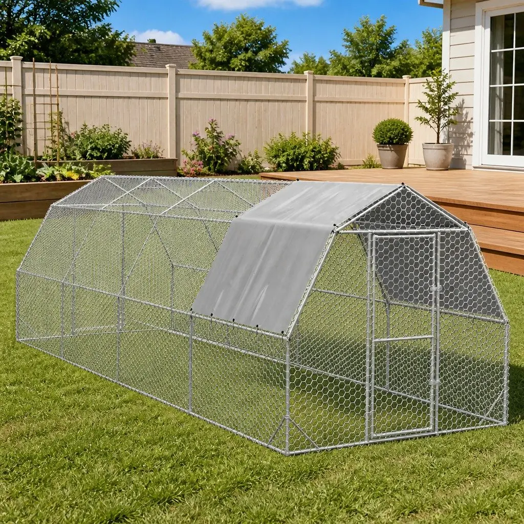 Chicken Run Hexagonal Mesh Walk-in Coop Galvanised Steel Frame Water-resistant Roof Silver