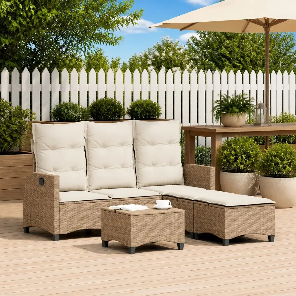 L-Shaped Garden Sofa Set 3 Piece Outdoor Patio Furniture Adjustable Backrest Beige