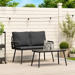 Garden Dining Set Outdoor Furniture Black Poly Rattan Table Bench with Cushions