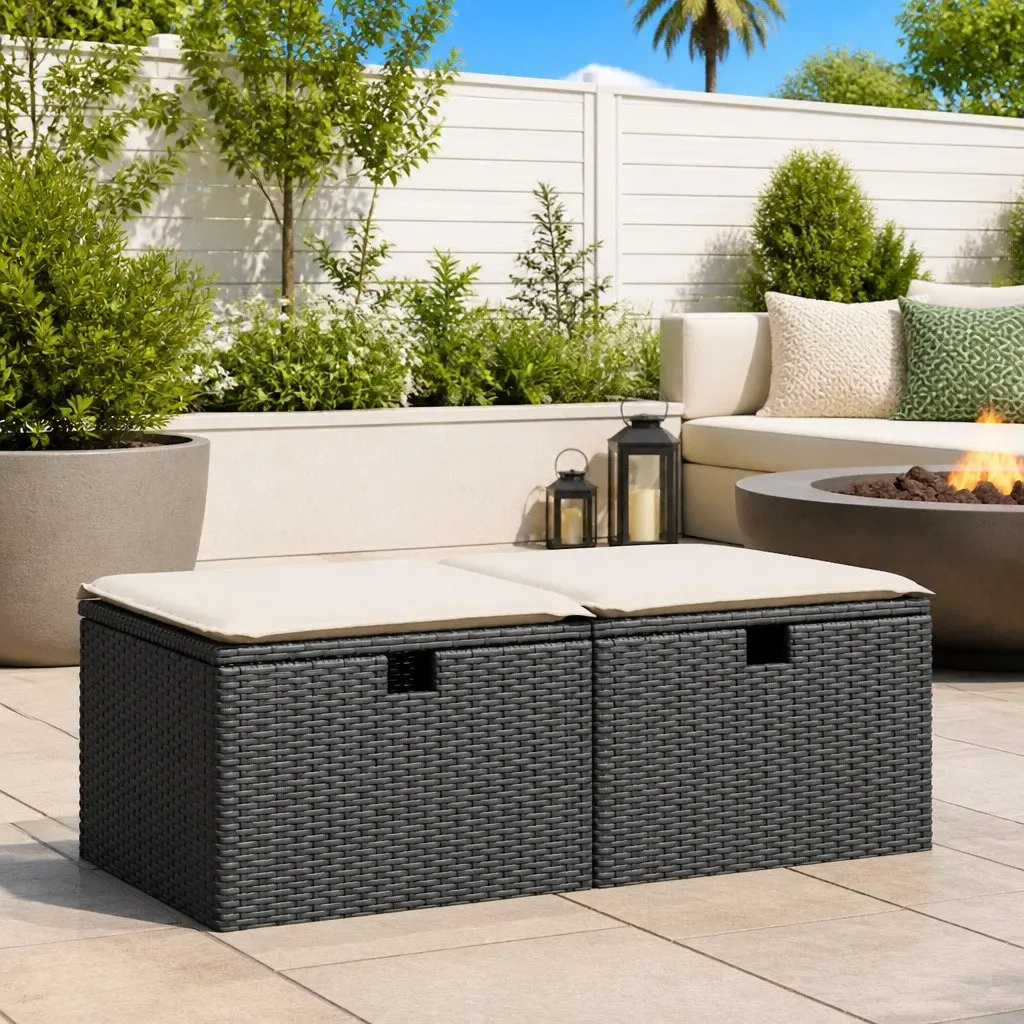 2 Piece Garden Sofa Set with Storage Cushions Black Poly Rattan Outdoor
