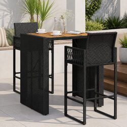 3 Piece Garden Bar Set Outdoor Poly Rattan Bar Stool Table Black Patio Furniture