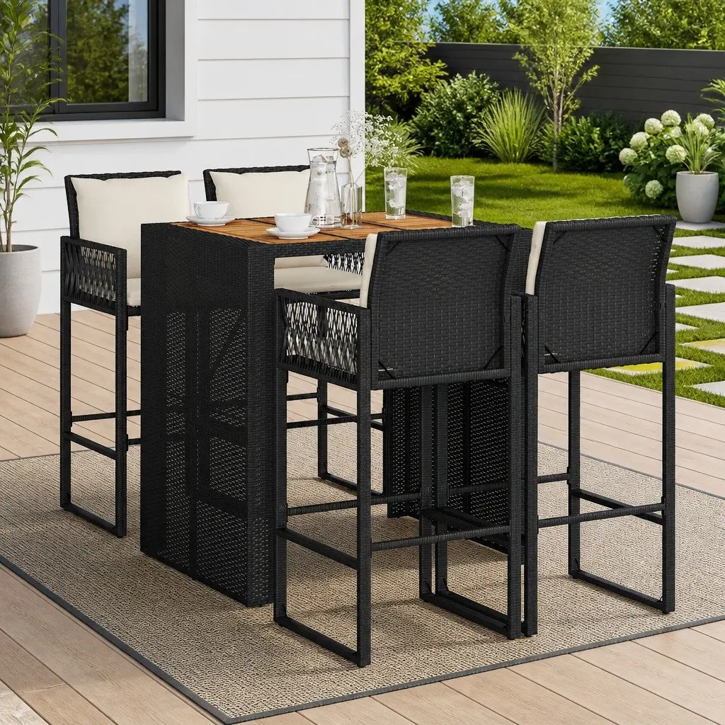 5 Piece Garden Bar Set Black Outdoor Furniture with Cushions Patio Stool Table