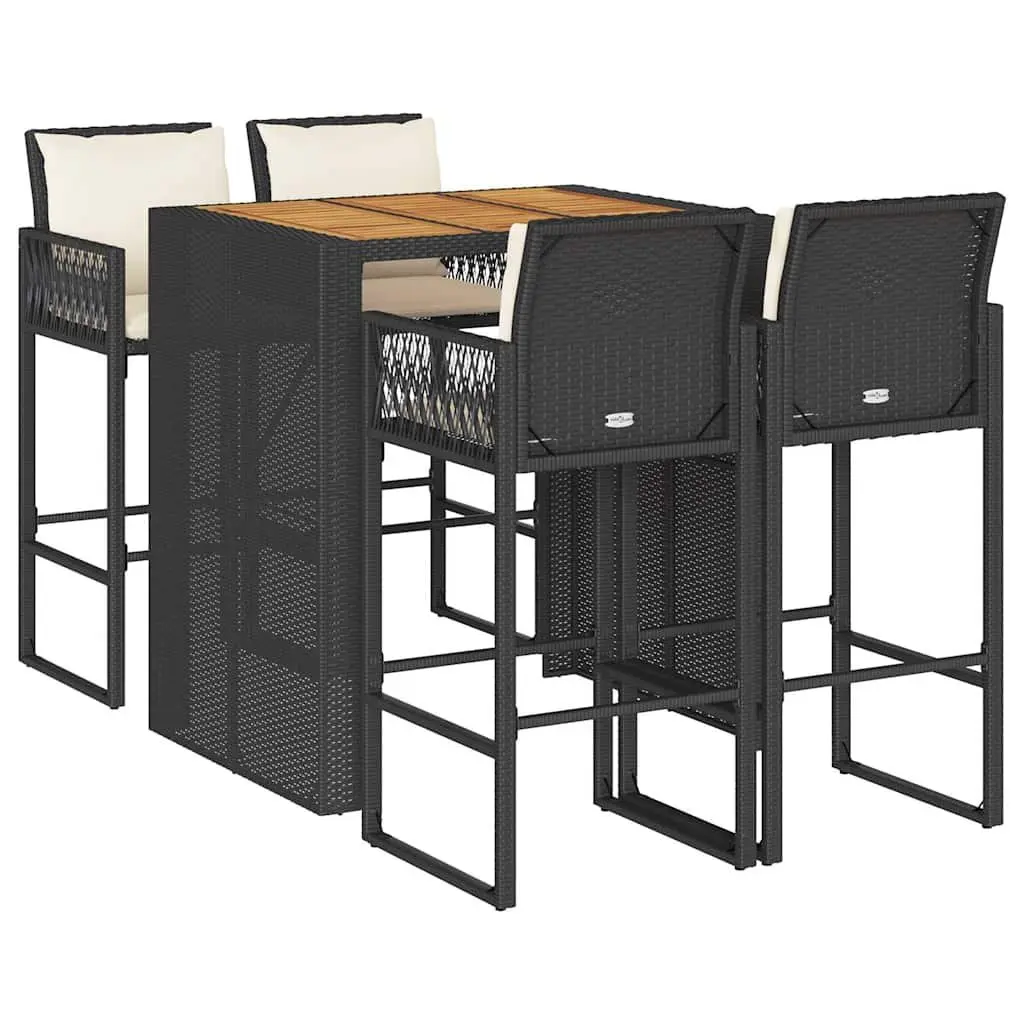 5 Piece Garden Bar Set Black Outdoor Furniture with Cushions Patio Stool Table