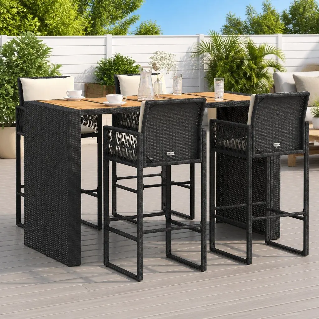 Garden Bar Set 5 Piece Outdoor Patio Furniture Black Poly Rattan with Cushions