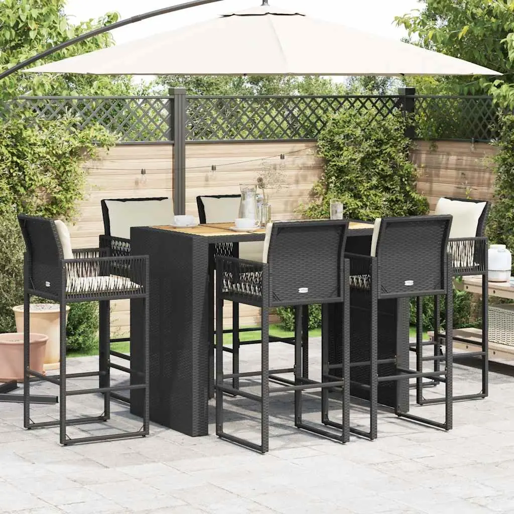 7 Piece Garden Bar Set with Backrest Cushions Black Rattan Outdoor Patio