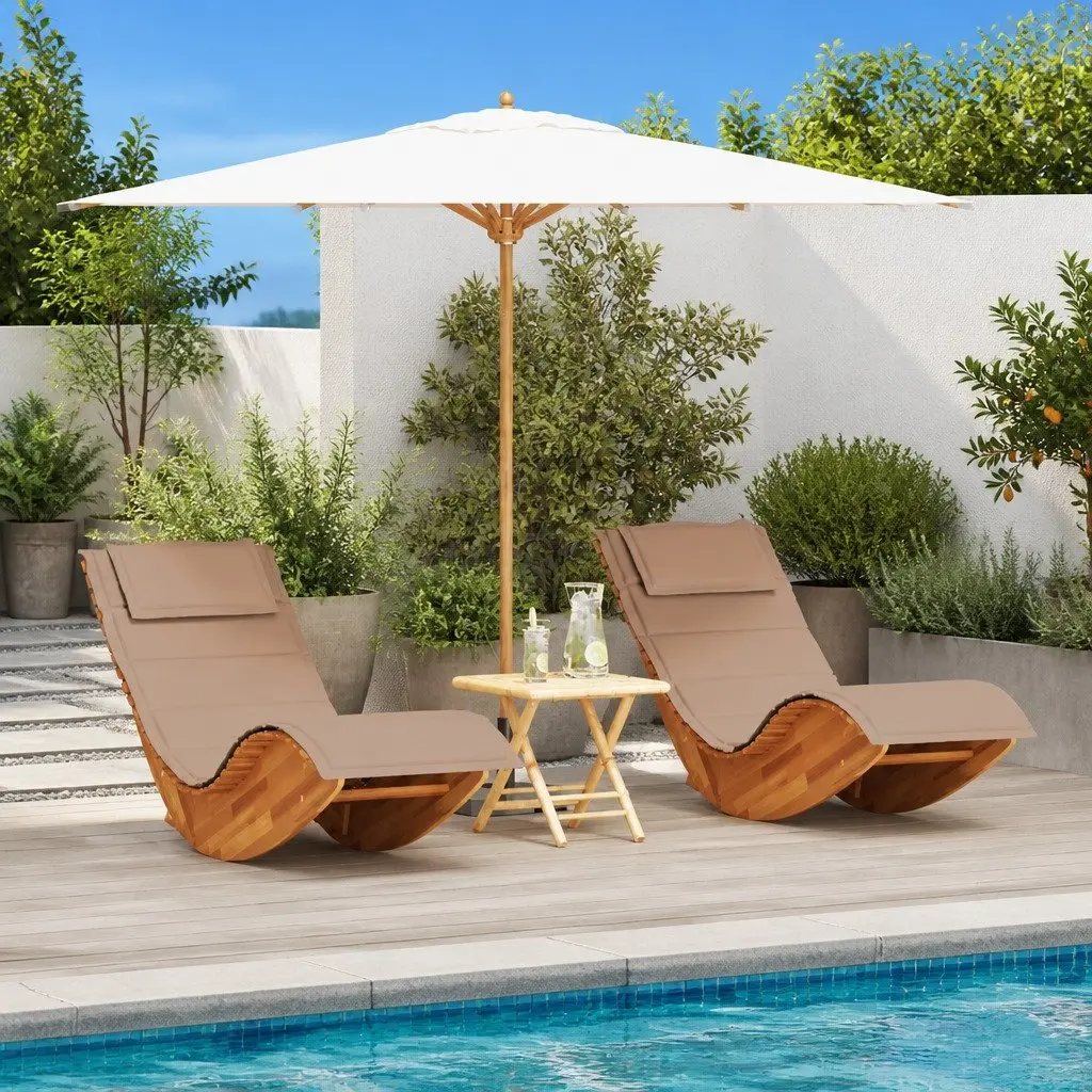 Sun Lounger 2pcs Set Outdoor Acacia Wood Sunbed Garden Pool Deck Chair Brown