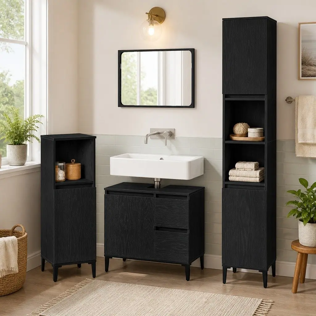 Wall-mounted Bathroom Furniture Set 3 Piece Black Oak Engineered Wood Storage