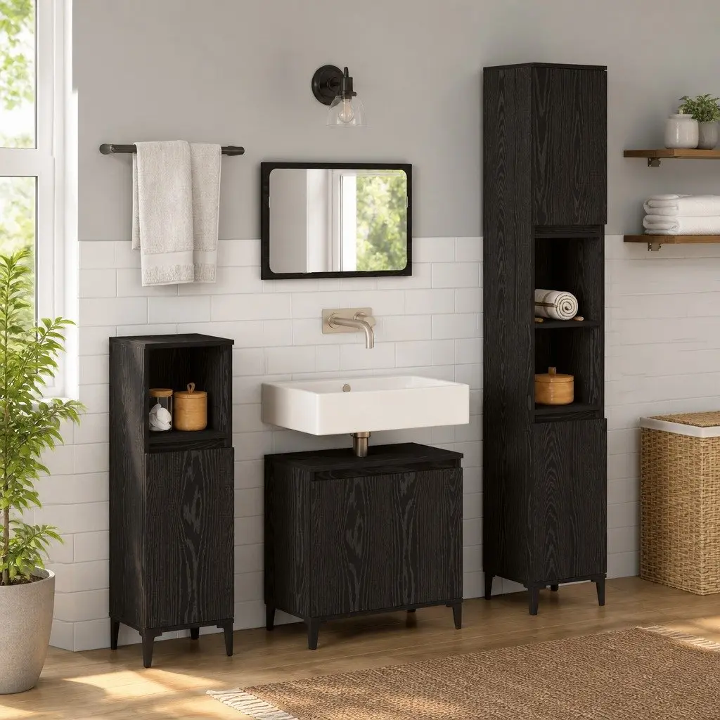 Bathroom Furniture Set Wall-mounted 3 Piece Black Oak with Doors Storage