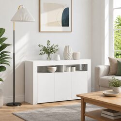 White Sideboard with RGB LED Lights Modern Storage Cabinet Engineered Wood