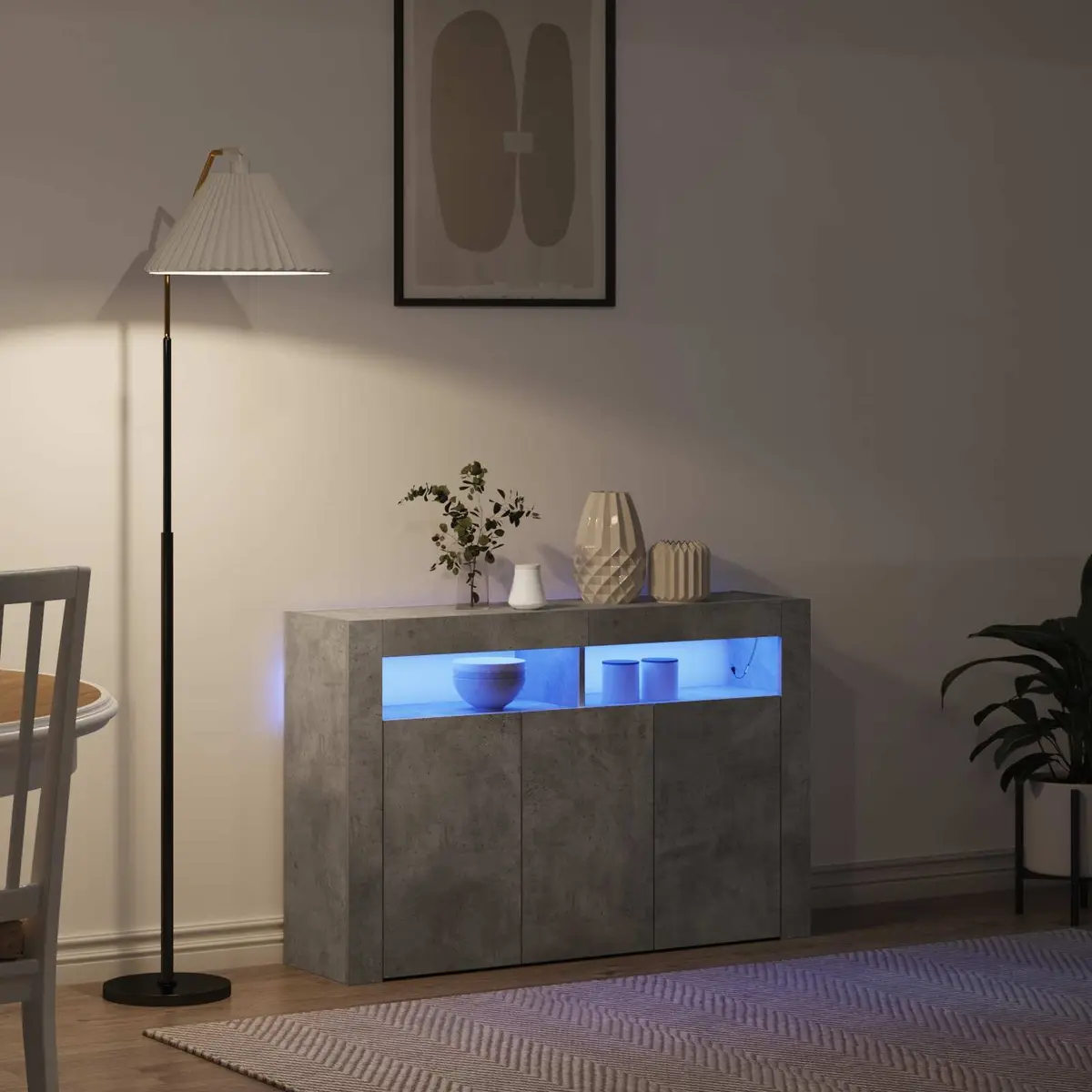 Sideboard Grey Engineered Wood Storage Cabinet with RGB LED Lighting