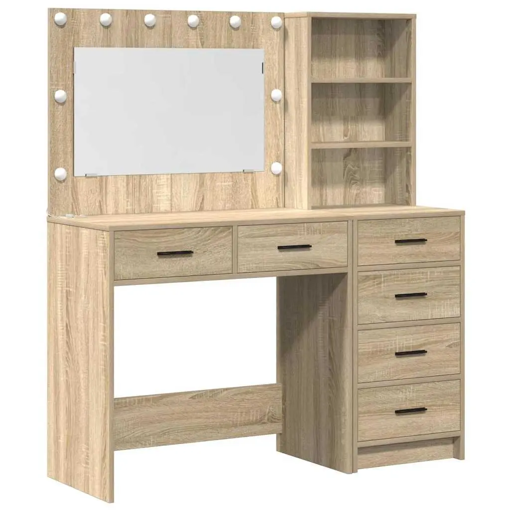 Modern Dressing Table Brown Bedroom Vanity Storage Mirror Lights Drawers Shelves