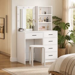 Dressing Table 2 pcs White Engineered Wood Bedroom Vanity Storage LED Mirror