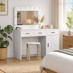 Dressing Table with Mirror Lights Storage 2 pcs White Bedroom Vanity Unit