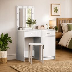Dressing Table with LED Strip Lights 2 pcs White Modern Bedroom Vanity Storage