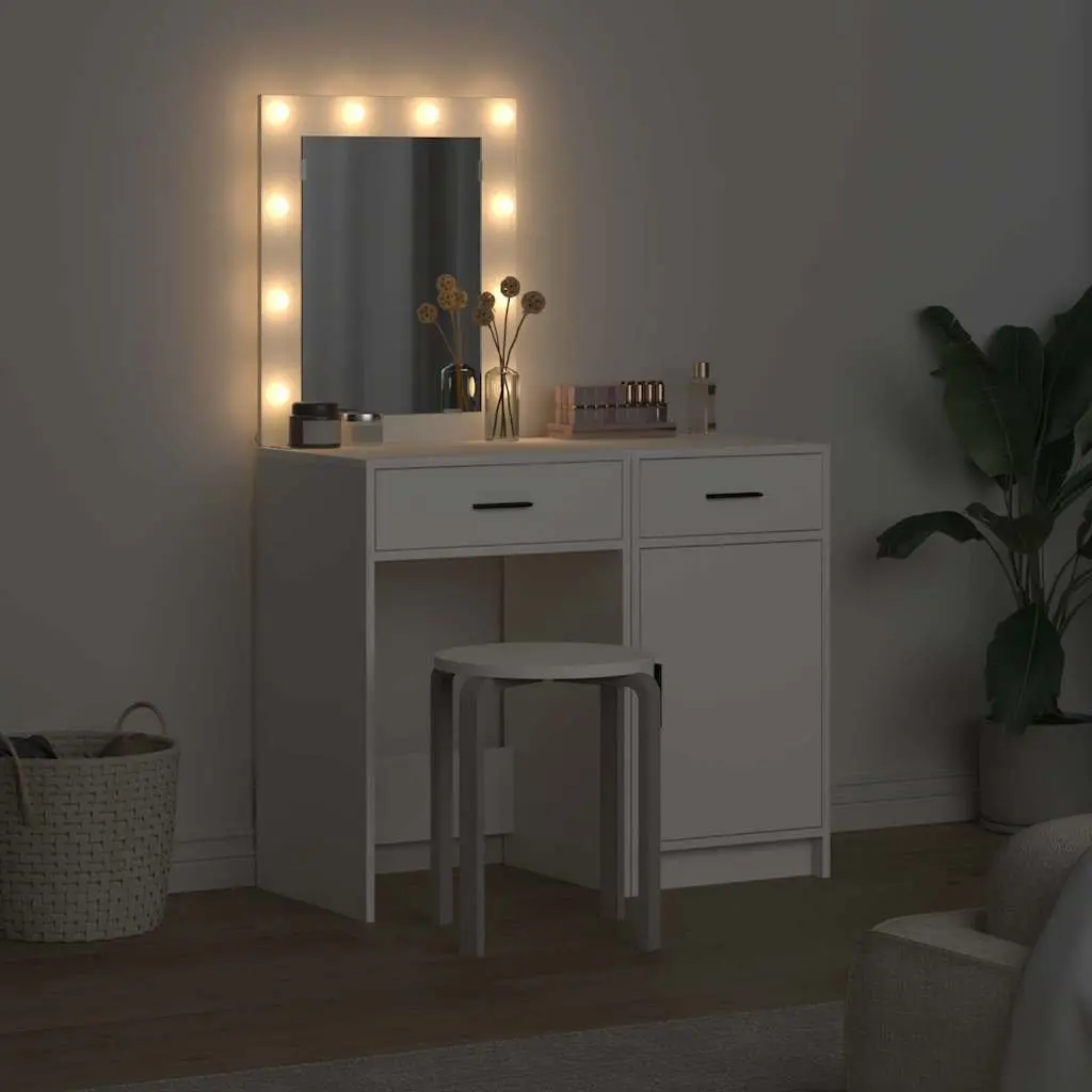 Dressing Table with LED Strip Lights Modern White Engineered Wood 2 Piece