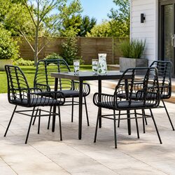 5 Piece Garden Dining Set Outdoor Patio Furniture Black Poly Rattan Glass Table