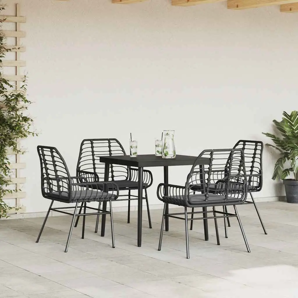 5 Piece Garden Dining Set Outdoor Patio Furniture Black Poly Rattan Glass Table