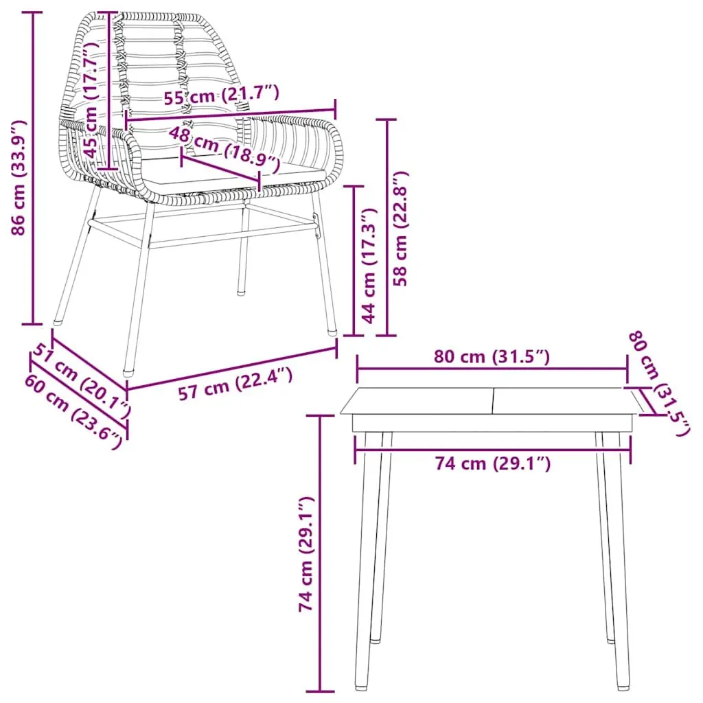 3 Piece Garden Dining Set Outdoor Furniture Brown Poly Rattan Chair Table Patio