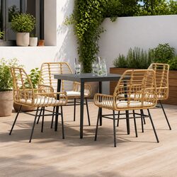 5 Piece Garden Dining Set Brown Poly Rattan Glass Tabletop Patio Furniture