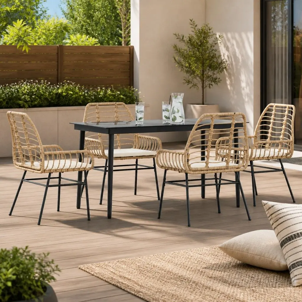 5 Piece Garden Dining Set Brown Poly Rattan Cushions Glass Table