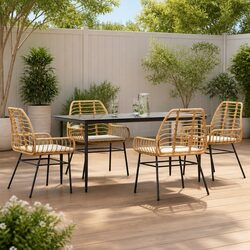 5 Piece Garden Dining Set Brown Poly Rattan Glass Outdoor Furniture Patio