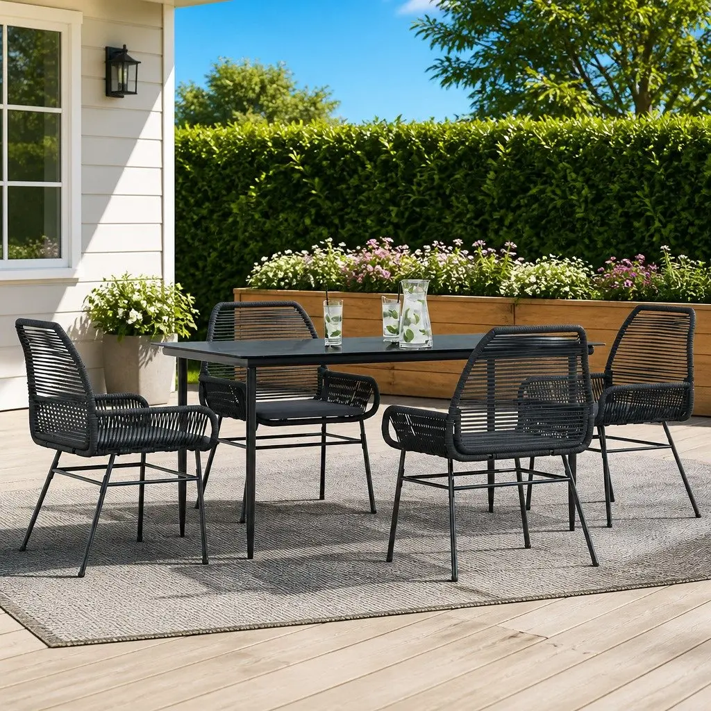 5 Piece Garden Dining Set Outdoor Furniture Black Poly Rattan Glass Table