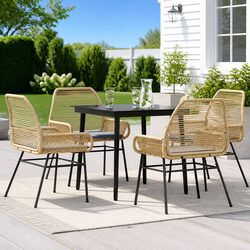 5 Piece Garden Dining Set Brown Poly Rattan Outdoor Furniture with Cushions