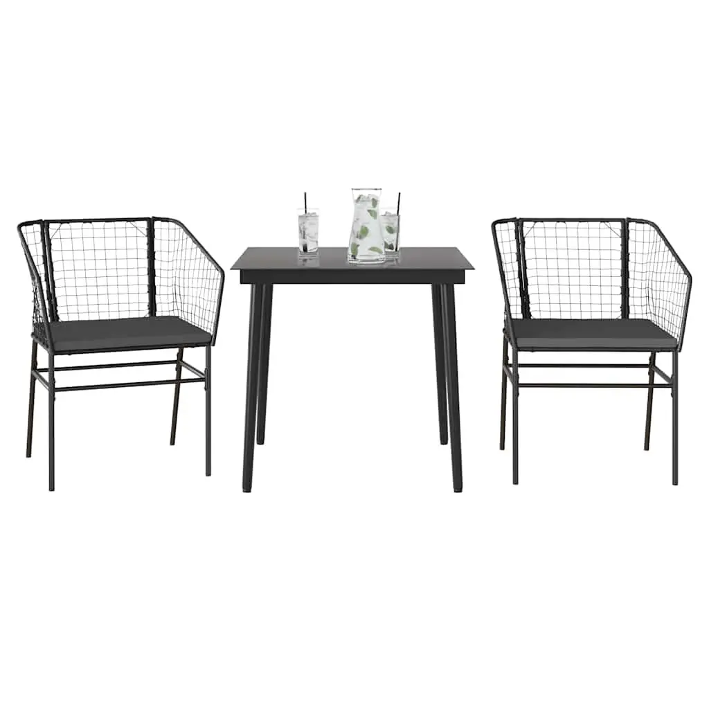 Garden Dining Set 3 Piece Outdoor Furniture Black Poly Rattan Glass Table Chair