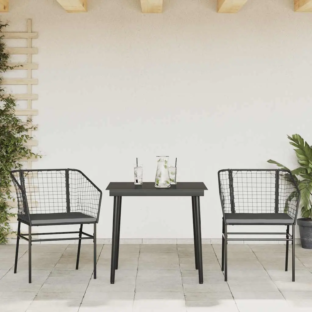 Garden Dining Set 3 Piece Outdoor Furniture Black Poly Rattan Glass Table Chair