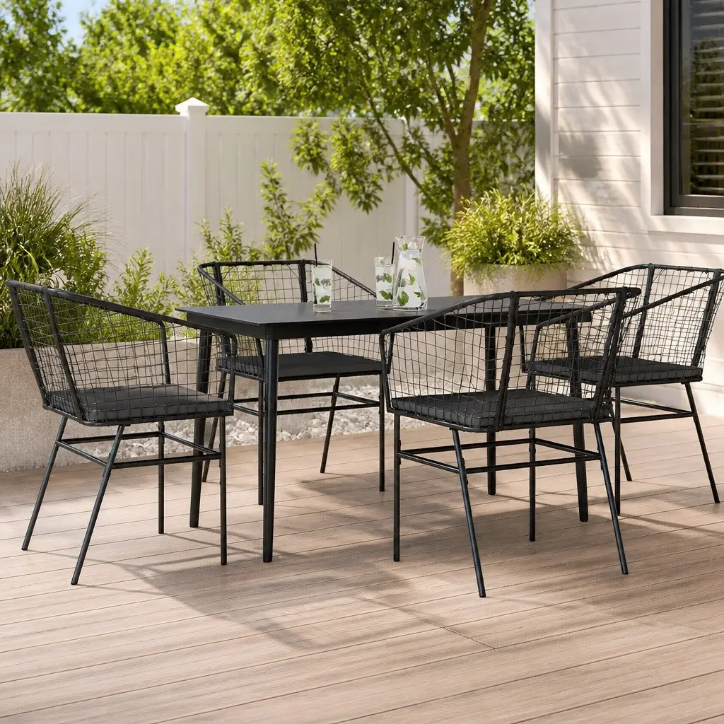 Garden Dining Set 5 Piece Outdoor Furniture Black Poly Rattan Glass Table Chair