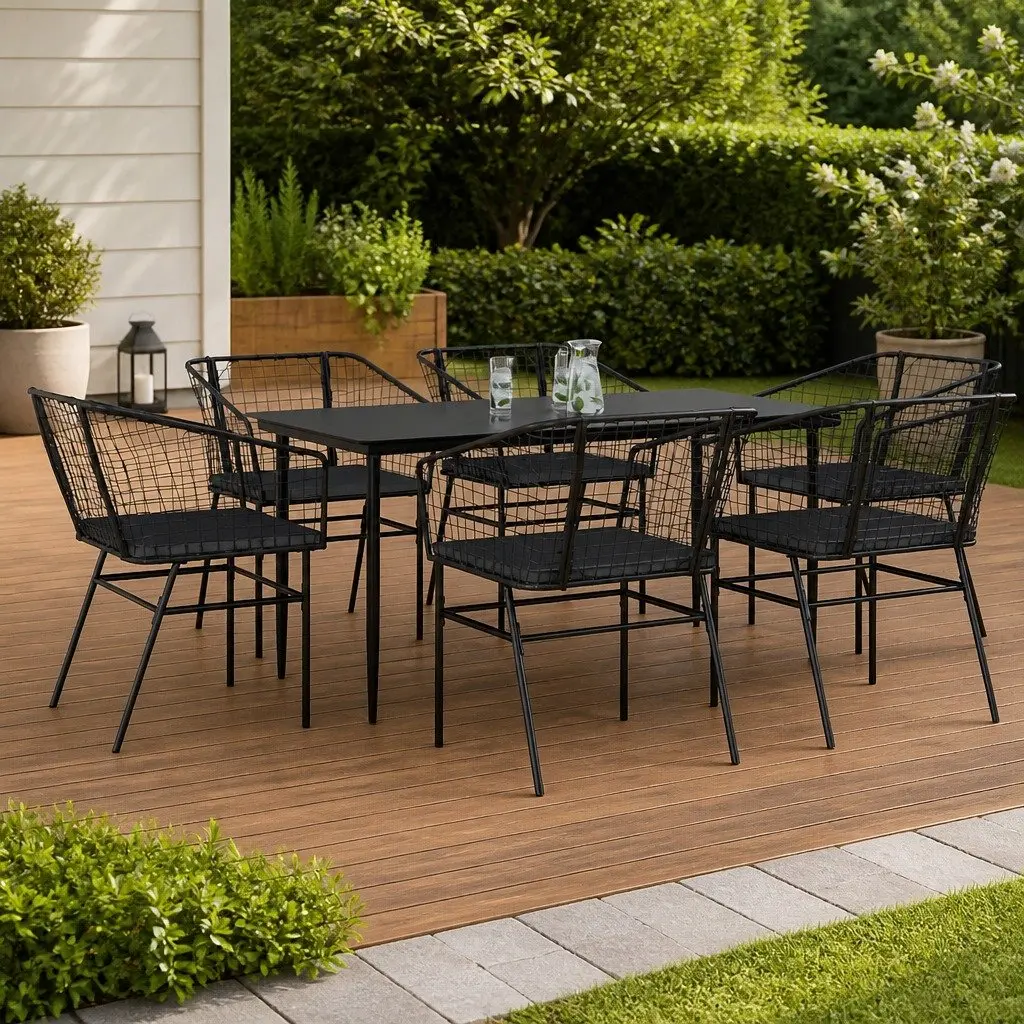 7 Piece Garden Dining Set Outdoor Table Chairs Cushions Black Poly Rattan