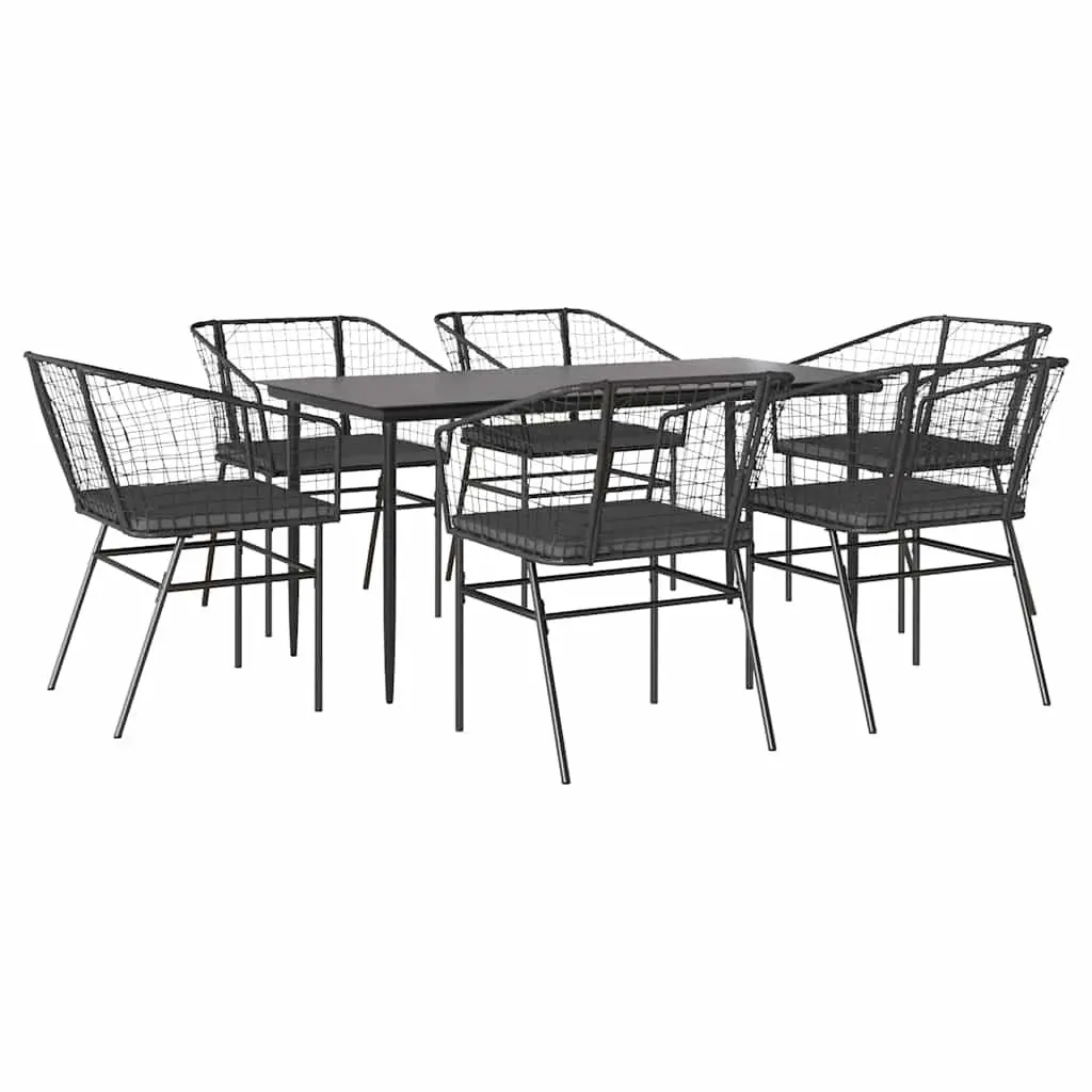 7 Piece Garden Dining Set Outdoor Table Chairs Cushions Black Poly Rattan