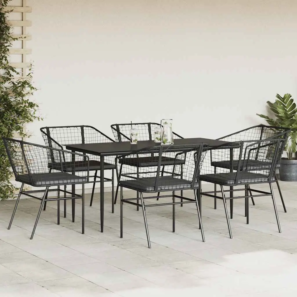 7 Piece Garden Dining Set Outdoor Table Chairs Cushions Black Poly Rattan