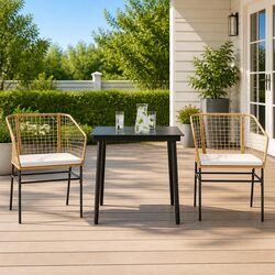 Garden Dining Set 3 Piece Brown Poly Rattan Patio Furniture with Glass Table