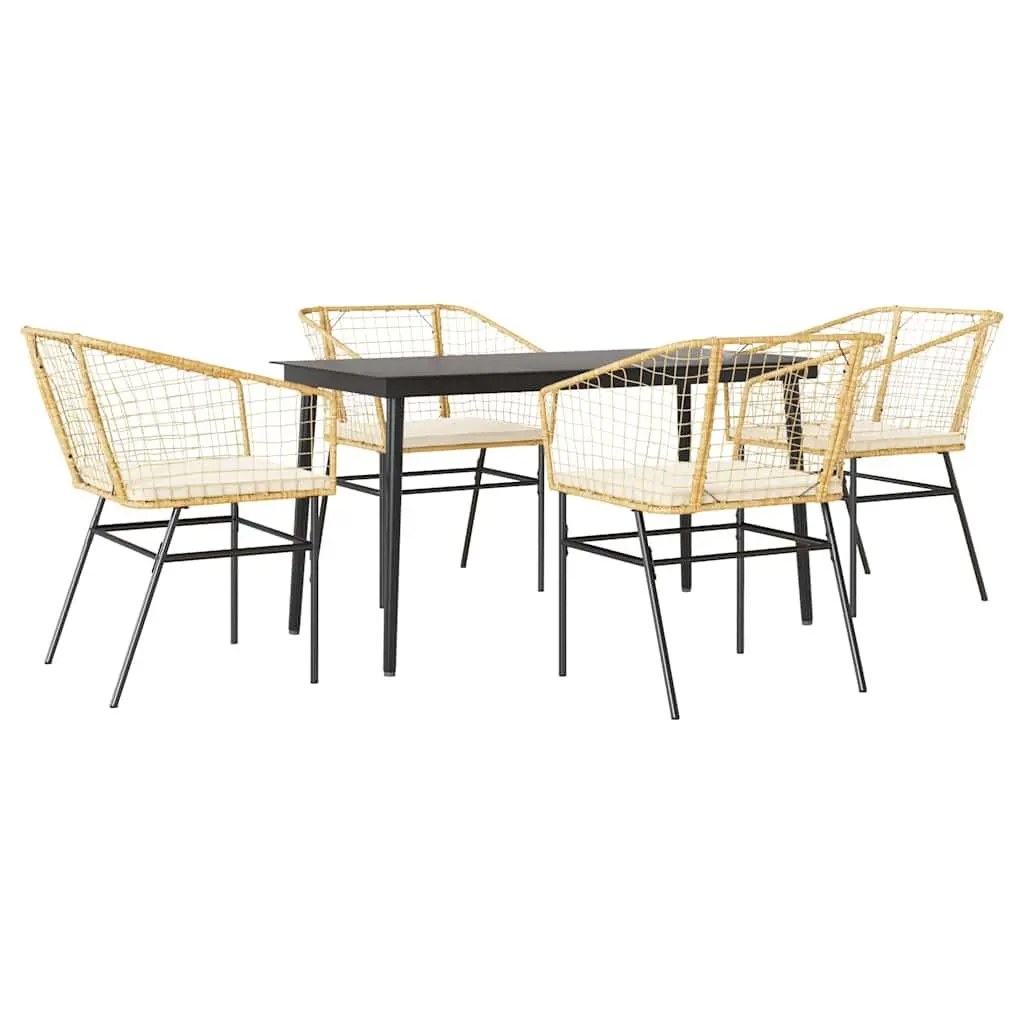 5 Piece Garden Dining Set Brown Poly Rattan Glass Tabletop Outdoor Furniture