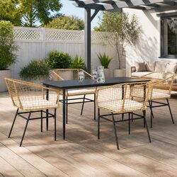 5 Piece Outdoor Dining Set Brown Poly Rattan Garden Furniture Patio Table Chairs