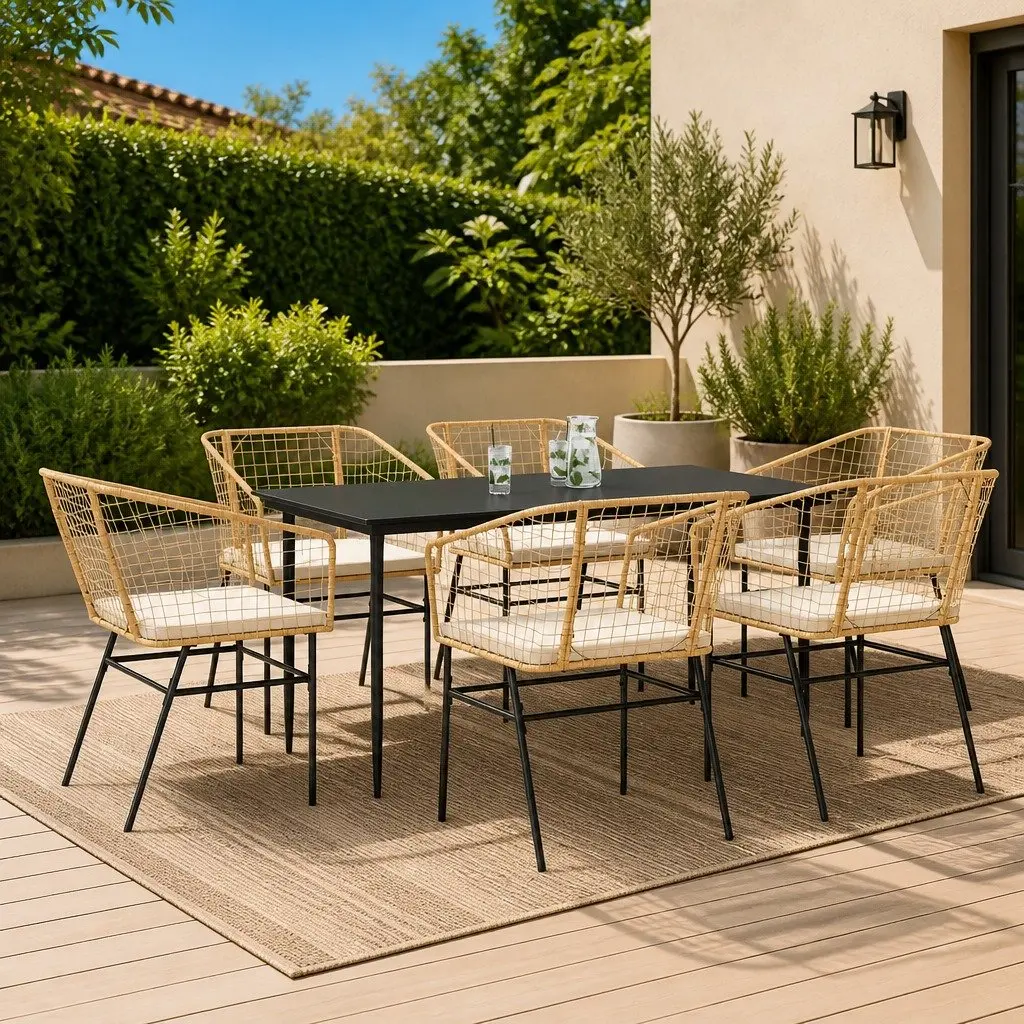 7 Piece Garden Dining Set Brown Poly Rattan Glass Outdoor Furniture Patio Chair