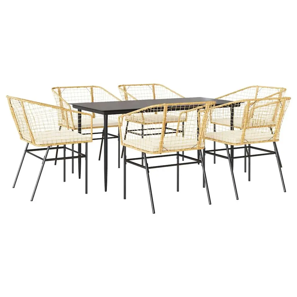 7 Piece Garden Dining Set Brown Poly Rattan Glass Outdoor Furniture Patio Chair