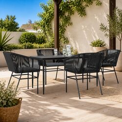 5 Piece Garden Dining Set Outdoor Patio Furniture Glass Table Black Poly Rattan