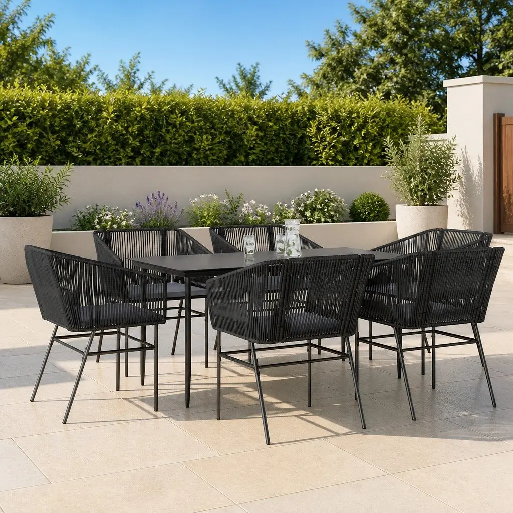 7 Piece Garden Dining Set Poly Rattan Glass Table Outdoor Patio Furniture Black