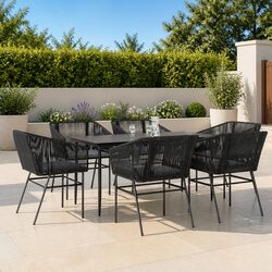 7 Piece Garden Dining Set Poly Rattan Glass Table Outdoor Patio Furniture Black
