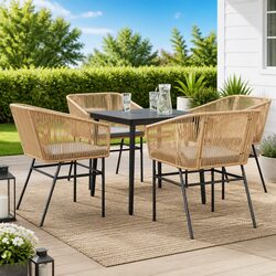 Garden Dining Set 5 Piece Brown Poly Rattan Patio Furniture with Glass Table