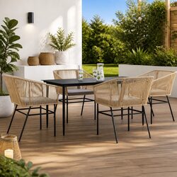 5 Piece Garden Dining Set Brown Poly Rattan Outdoor Furniture with Cushions