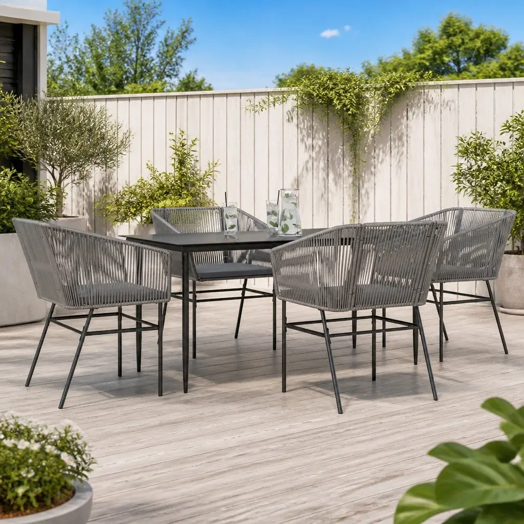 5 Piece Garden Dining Set Grey Poly Rattan Outdoor Furniture with Cushions