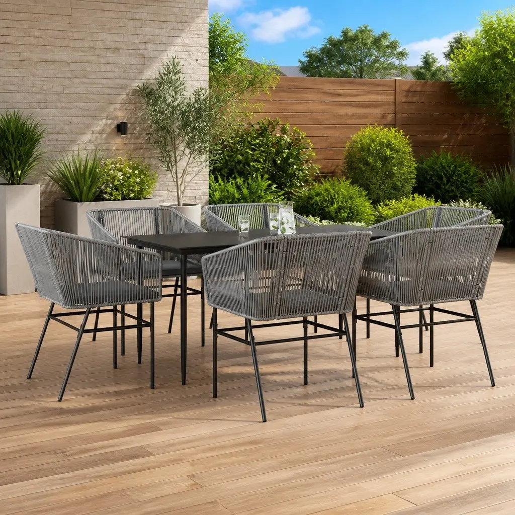 7 Piece Garden Dining Set Grey Poly Rattan Chairs Table Outdoor Patio Furniture