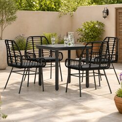 5 Piece Garden Dining Set Poly Rattan Glass Table Outdoor Patio Furniture Black