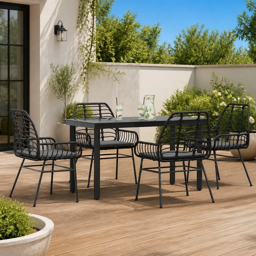 Garden Dining Set 5 Piece Outdoor Furniture Black Rattan Chair Table Patio