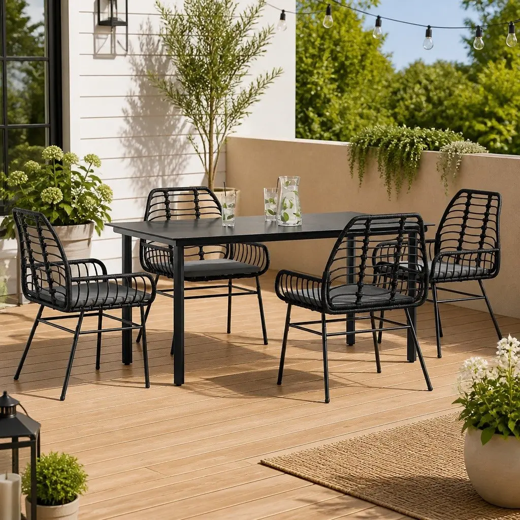 5 Piece Garden Dining Set Black Poly Rattan with Glass Top Chairs and Cushions